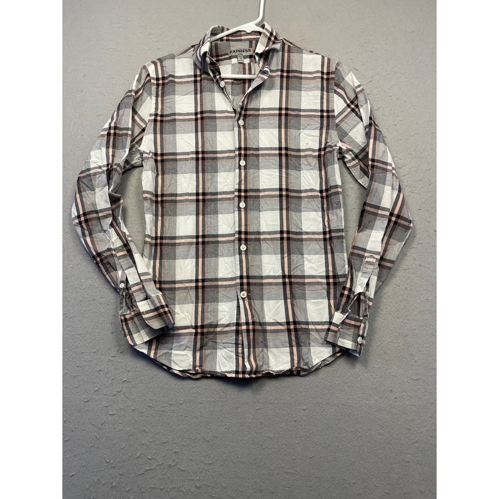 EXPRESS Shirt Fitted Cotton Plaid Grey Peach XS Mens